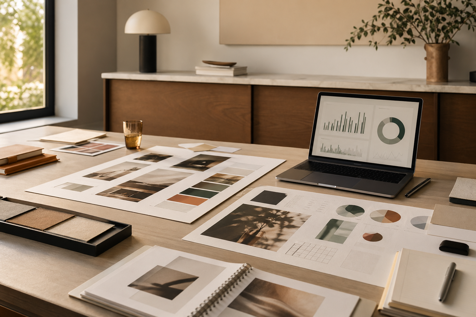 Brand strategy table with creative boards, campaign planning materials, and growth charts